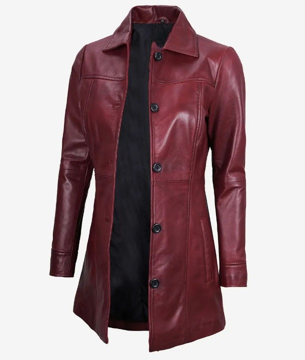 Womens Shirt Collar Real Lambskin Maroon Leather Winter Car Trench Long Coat