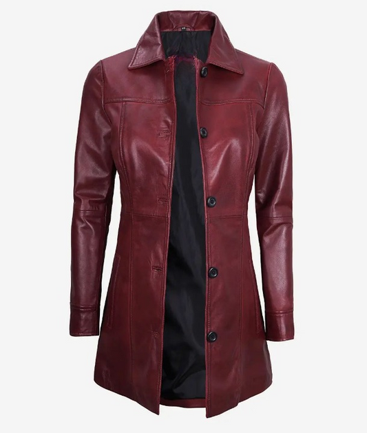 Womens Shirt Collar Real Lambskin Maroon Leather Winter Car Trench Long Coat