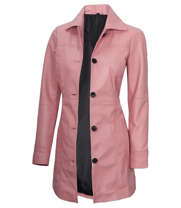 Womens Shirt Collar Real Lambskin Pink Leather Winter Car Trench Long Coat