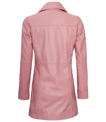 Womens Shirt Collar Real Lambskin Pink Leather Winter Car Trench Long Coat