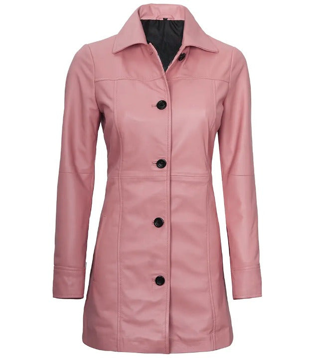 Womens Shirt Collar Real Lambskin Pink Leather Winter Car Trench Long Coat
