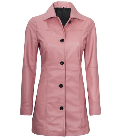 Womens Shirt Collar Real Lambskin Pink Leather Winter Car Trench Long Coat
