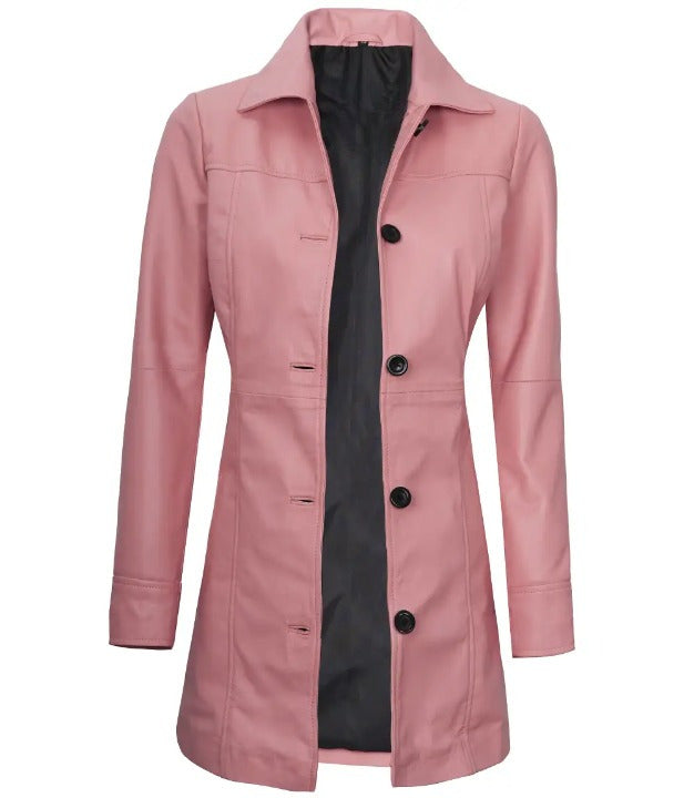 Womens Shirt Collar Real Lambskin Pink Leather Winter Car Trench Long Coat