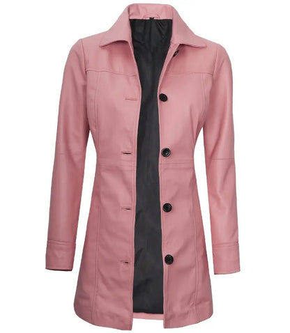 Womens Shirt Collar Real Lambskin Pink Leather Winter Car Trench Long Coat