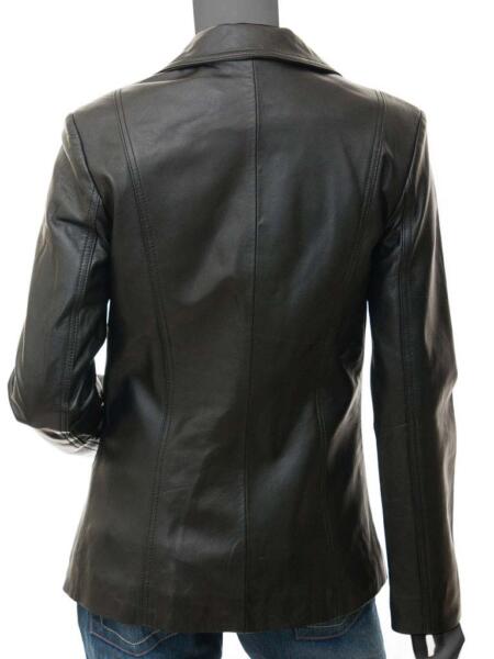 Womens Wide Lapel Two Button Black Leather Blazer Coat