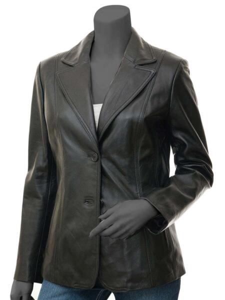 Womens Wide Lapel Two Button Black Leather Blazer Coat