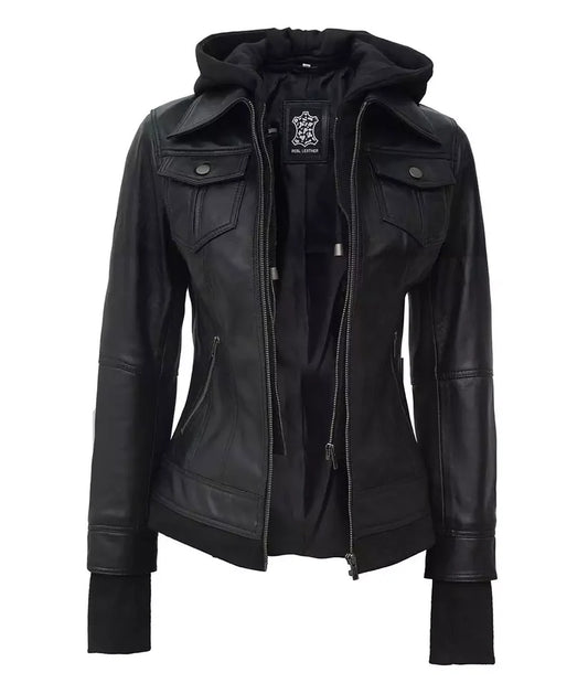 Women's Moto Biker Bomber Removable Hood Real Lambskin Black Leather